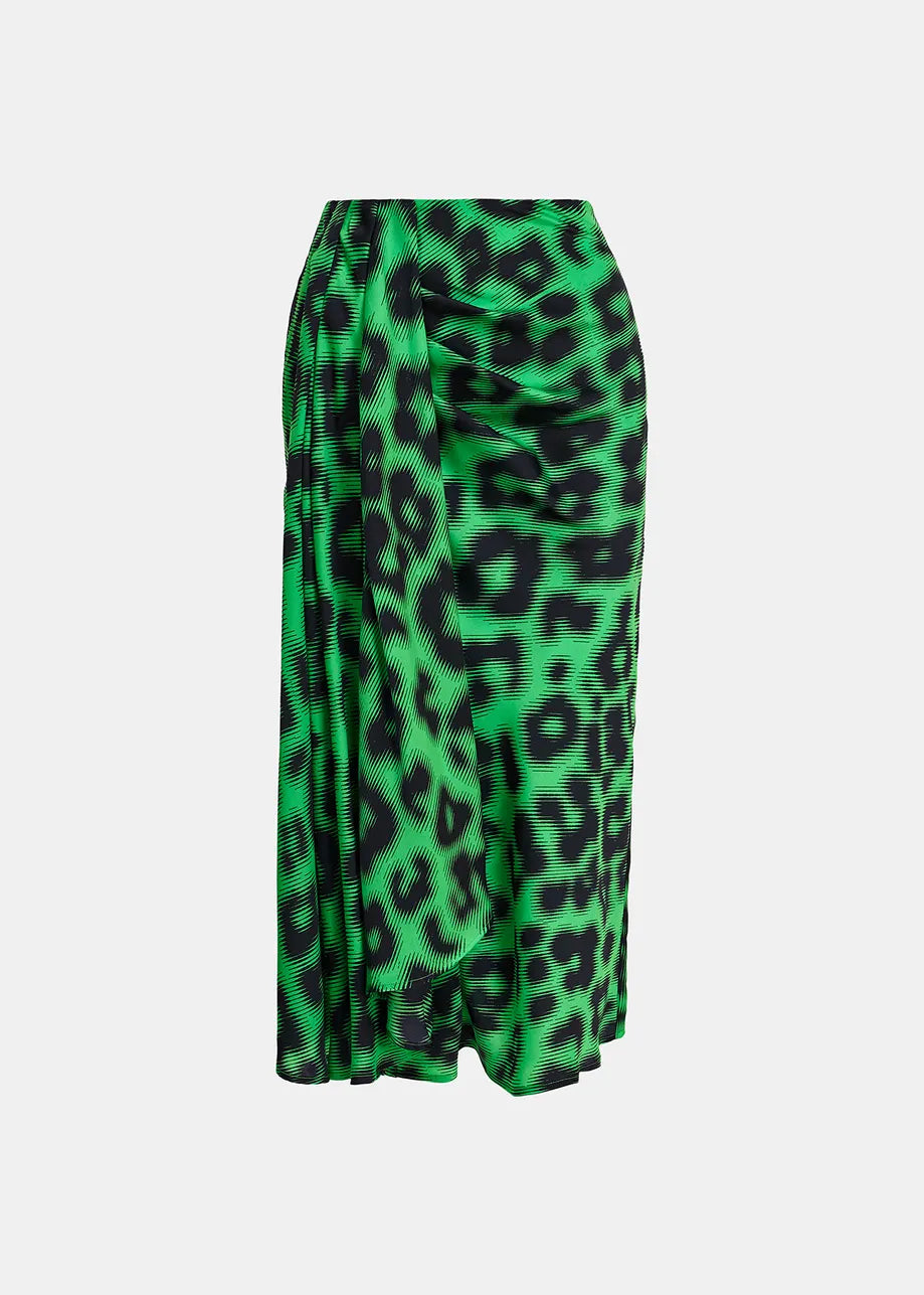 An Essentiel Antwerp Everest Skirt - Green with leopard spots made from a recycled polyester-blend fabric, showcased on a white background.