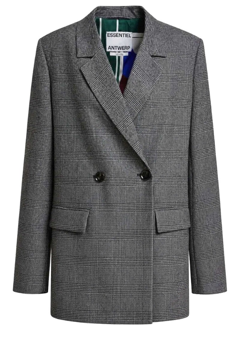 A gray double-breasted blazer with a subtle windowpane plaid pattern, featuring notch lapels, two dark buttons, and front flap pockets. The brand label 'ESSENTIEL ANTWERP' is visible inside the collar.