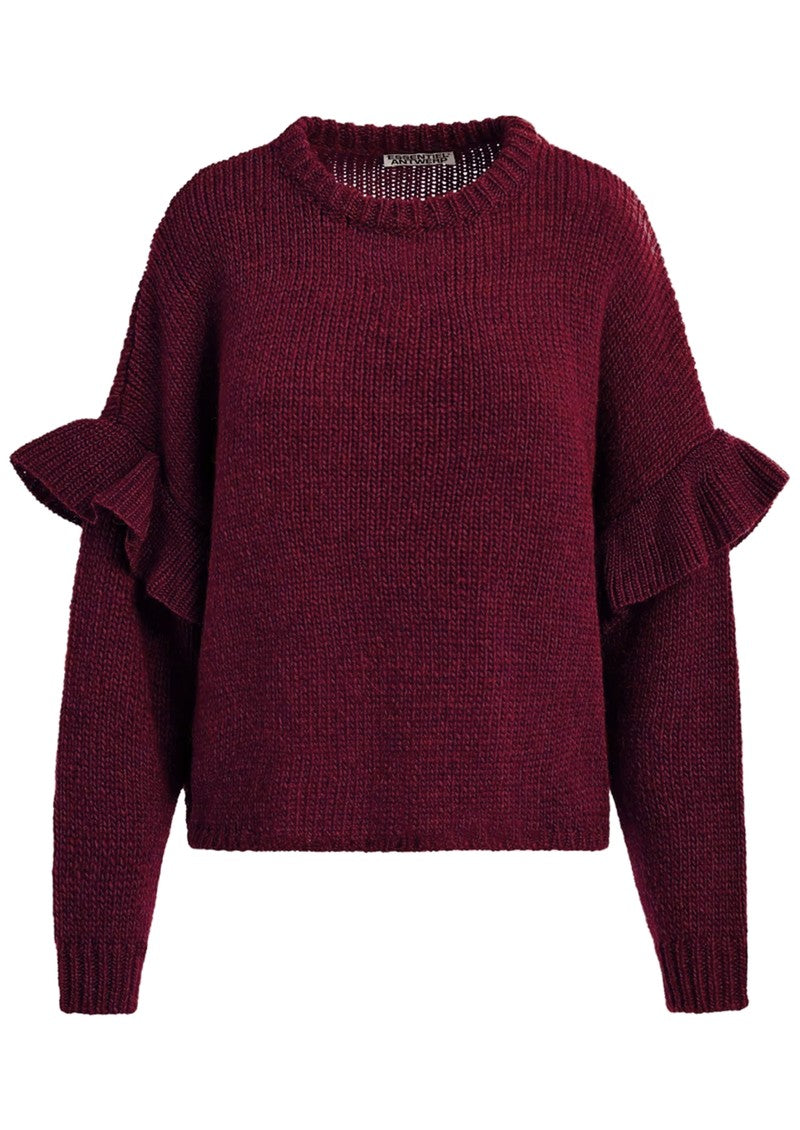 The Essentiel Antwerp Ijune Ruffled Knit in burgundy features ruffled sleeves and a round neckline, shown against a plain white background.