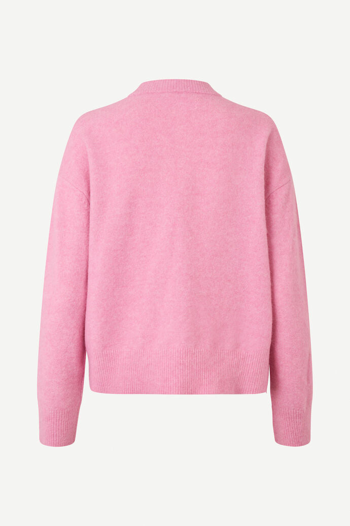 A back view of a plain, long-sleeved Samsøe Samsøe Anour Sweater in Orchid Smoke, crafted from an elastic blend with wool and alpaca wool, against a white background.