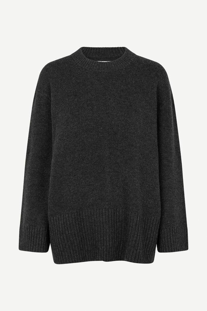 An Eliette Crew Neck - Phantom sweater from Samsøe Samsøe, with a ribbed crew neck and cuffs, made from a wool and recycled polyester blend yarn.