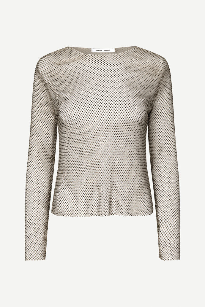 A Samsøe Samsøe Magda Blouse - Light Grey in a mesh pattern.