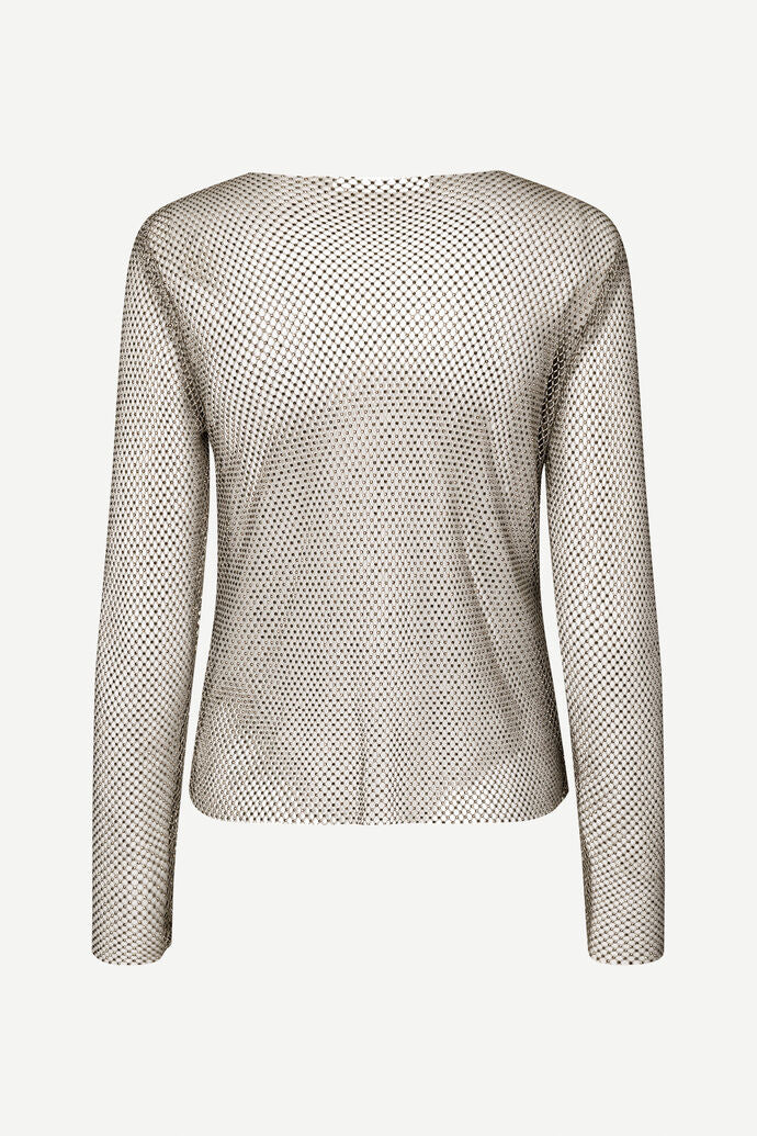 The back view of a Magda Blouse - Light Grey by Samsøe Samsøe, a women's long sleeve top with a mesh pattern.