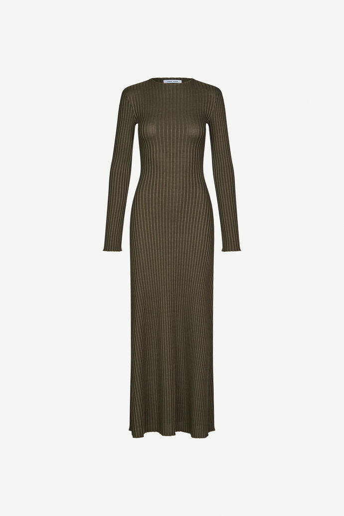 A long-sleeved, floor-length dress from the brand Samsøe Samsøe, named the Sacrane Maxi Dress - Green Rib, displayed on a plain white background.