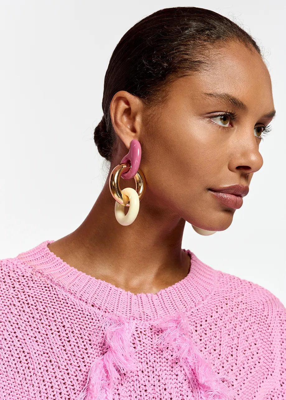Pink, ecru and gold interlocking chain earrings