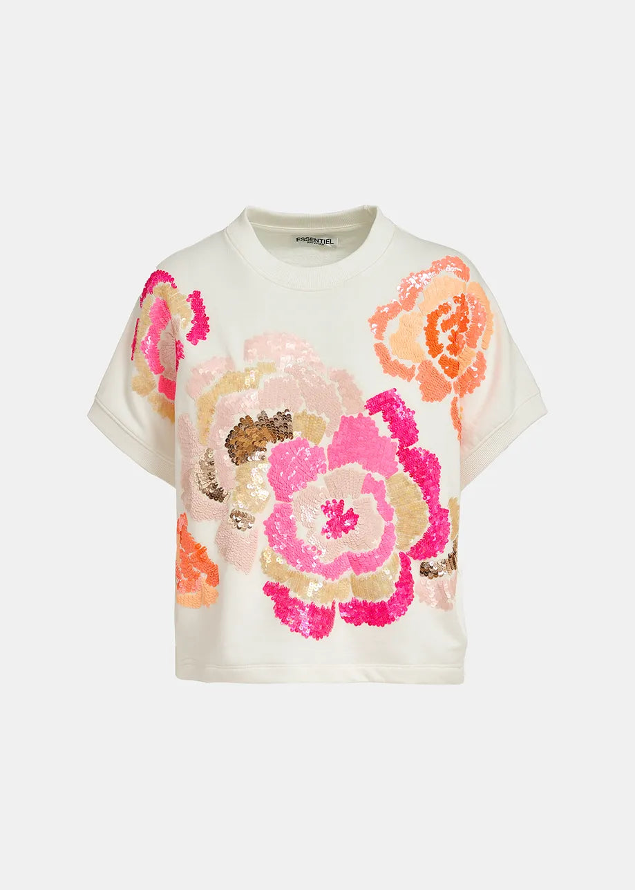 White tee with orange amnd pink sequin floral embellishments