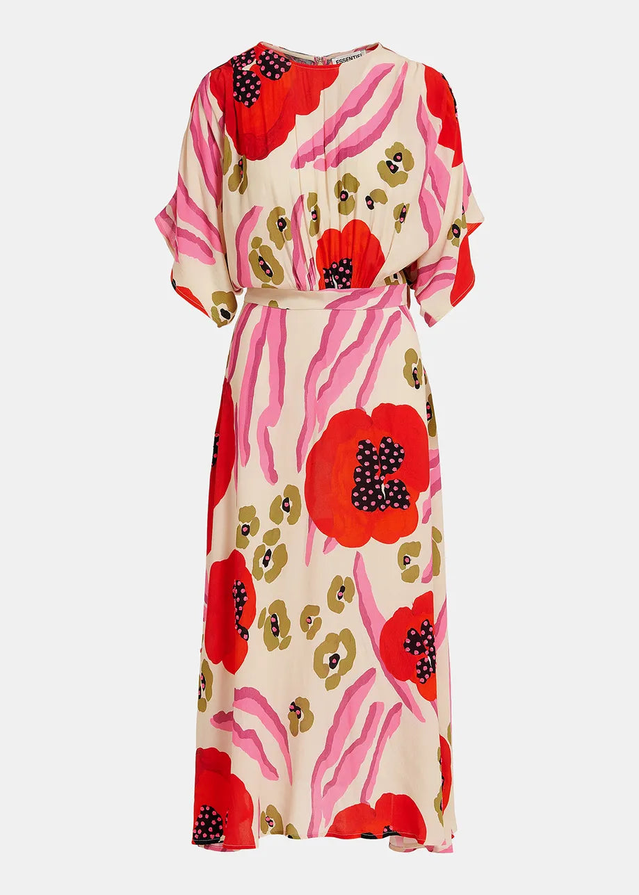 Model wears 3/4 length midi dress with floral poppy pattern