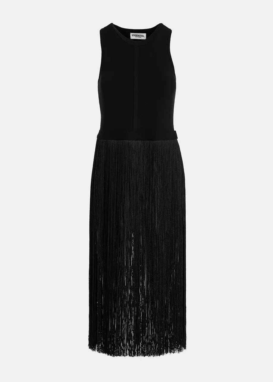 Introducing the Gabbers Fringed Top from Essentiel Antwerp, a sleeveless black piece with a plain bodice and knee-length skirt featuring long fringe detailing, offering a sleek slim fit.