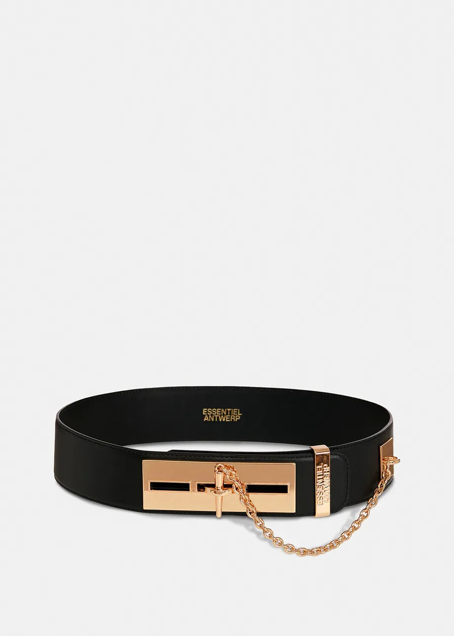 Black Essentiel Antwerp Gamme Belt in leather, featuring a rectangular gold-tone buckle and an attached gold chain accessory, laid flat against a plain background.