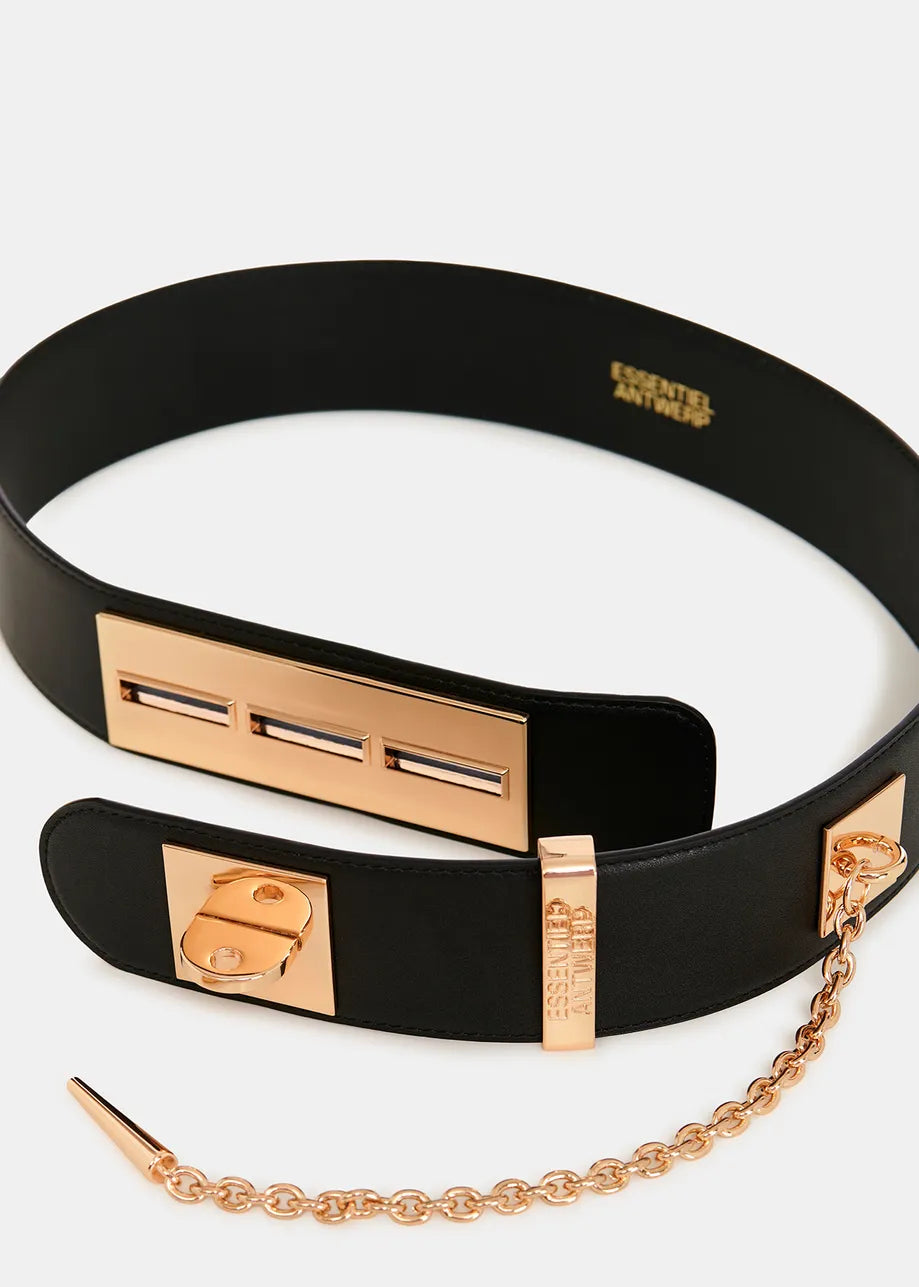 Gamme Belt - Black by Essentiel Antwerp features gold metal accents, including a gold-tone rectangular buckle and a chain end clasp. The brand name is visible on the inner side of this 100% leather belt.