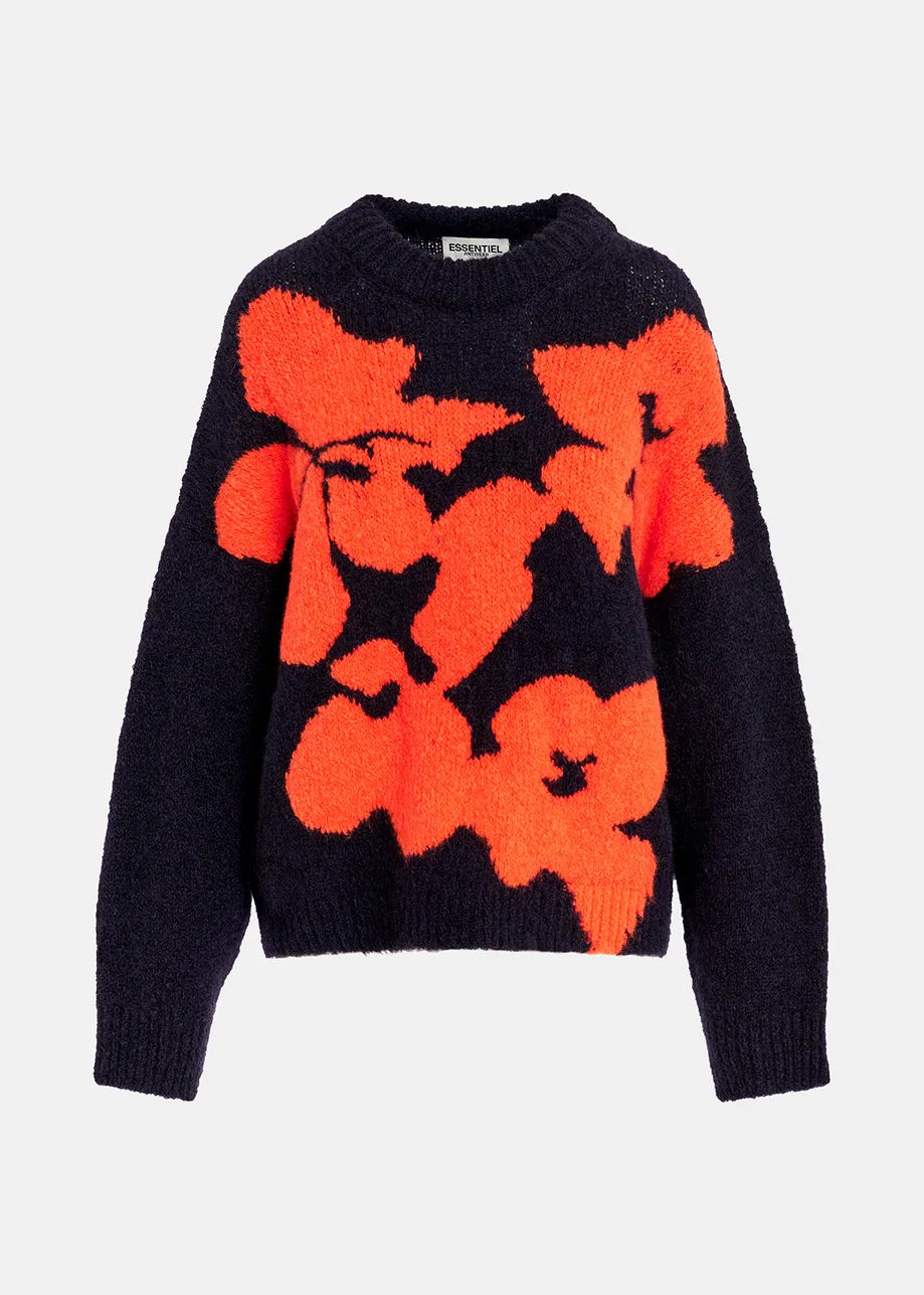 An Essentiel Antwerp Garcon Sweater - Navy and Red, featuring an oversized fit and a bold red abstract floral design on the front.