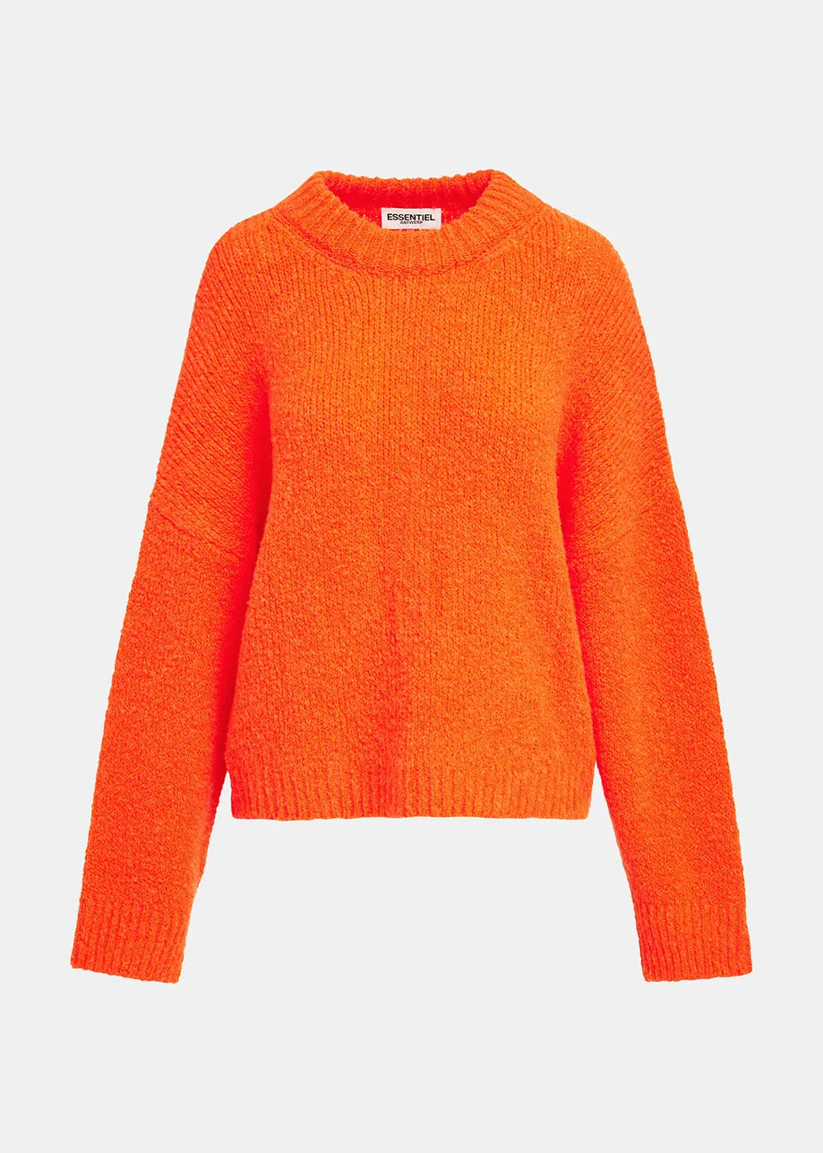 Introducing the Genlight Chunky Knit in Bright Orange by Essentiel Antwerp—a cozy, oversized sweater featuring a crew neck and long sleeves for the perfect warm and stylish look.