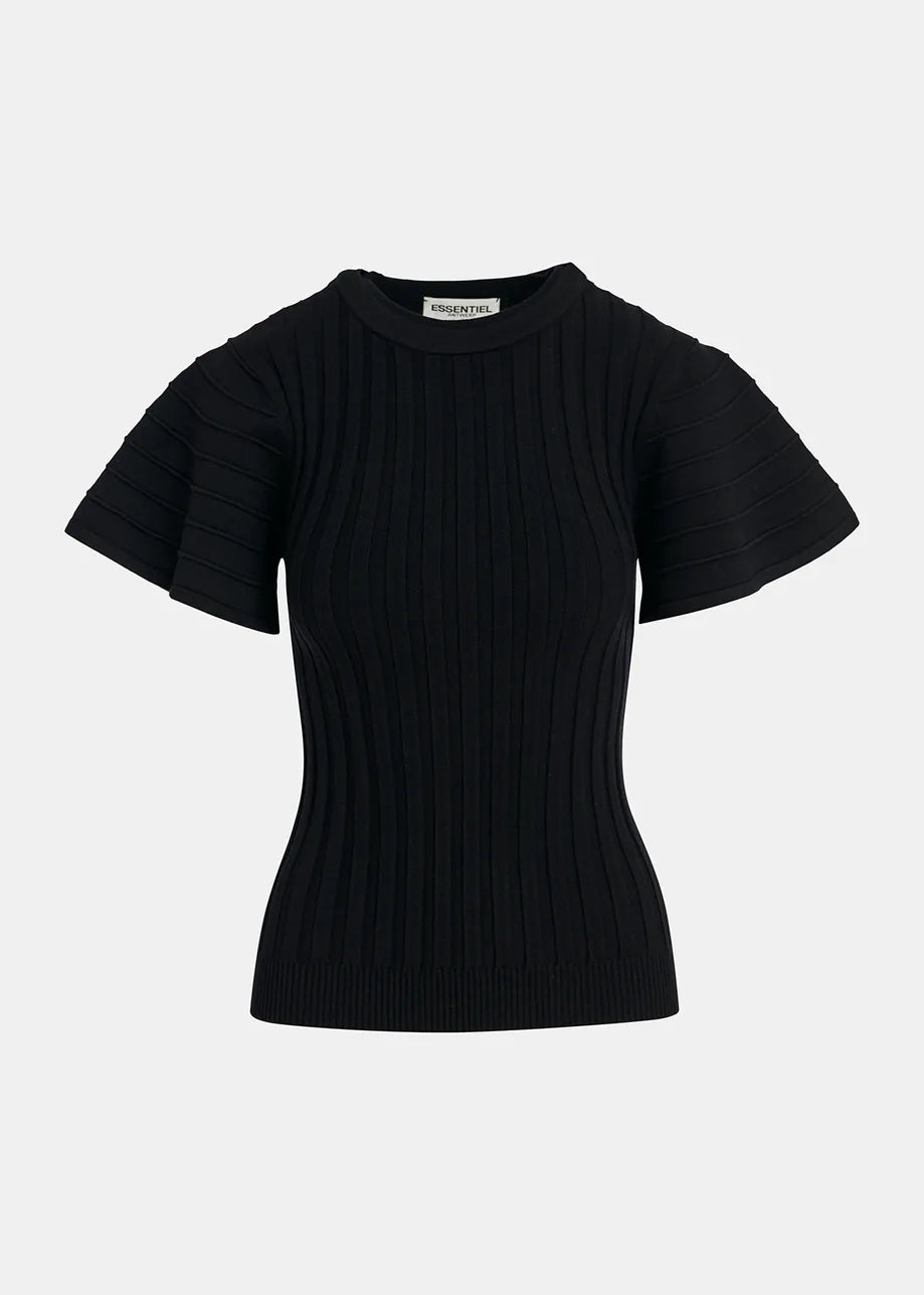 The Georgie rib-knitted top - Black by Essentiel Antwerp is a short-sleeved knitted masterpiece with thick ribbing and layered shoulder details, featuring a round neck design.