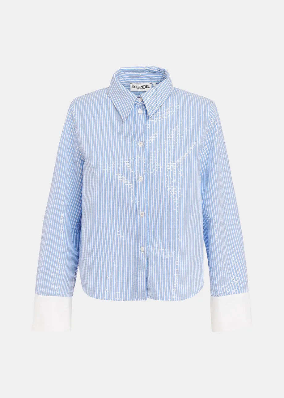 The Giuliano Sequin-embellished Shirt by Essentiel Antwerp features a blue and white striped cotton-poplin fabric, long sleeves, white cuffs, and a button-down front collar.