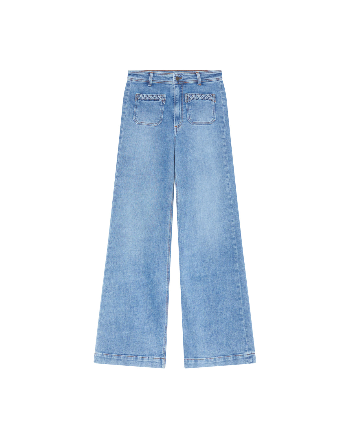 The Giuletta Trousers by Maison Hotel are light blue, high-rise denim with wide legs, front patch pockets, and braided pocket edging, shown on a white background.