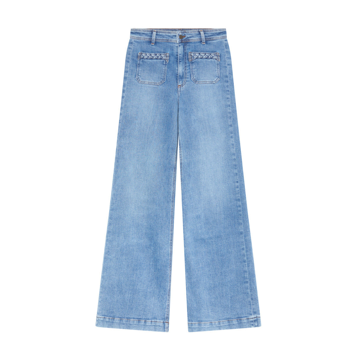 The Giuletta Trousers by Maison Hotel are light blue, high-rise denim with wide legs, front patch pockets, and braided pocket edging, shown on a white background.