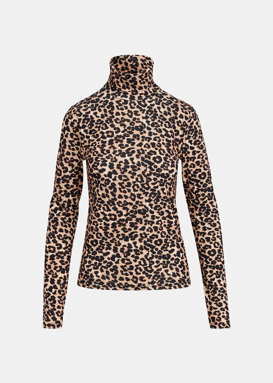 Essentiel Antwerp's Going Turtleneck Top is a stylish stretch-jersey, long-sleeved turtleneck adorned with leopard spots against a white background.