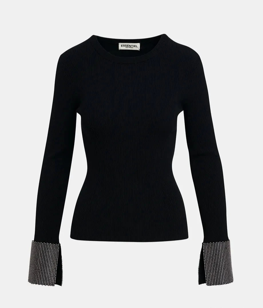 The Gomi Rib-knit Sweater by Essentiel Antwerp, shown on a plain background, features a figure-hugging fit in black with metallic bead cuffs.