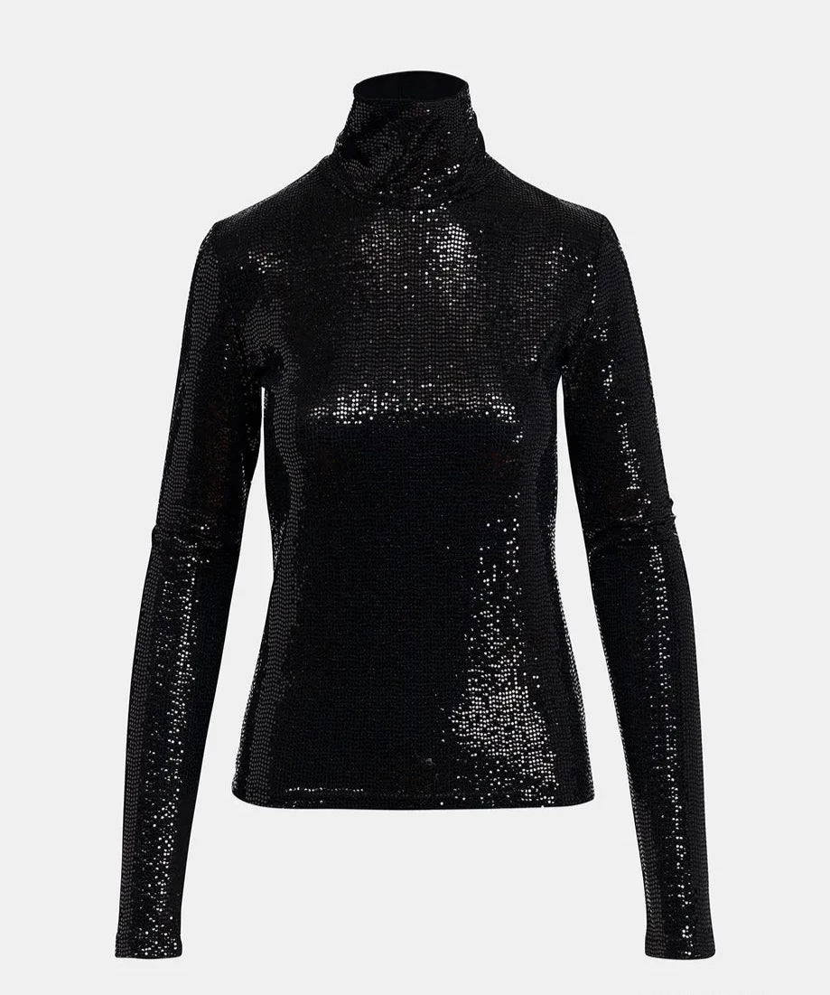 Gong Turtleneck Top in black by Essentiel Antwerp features long sleeves with sequins and a glittery finish against a plain background.