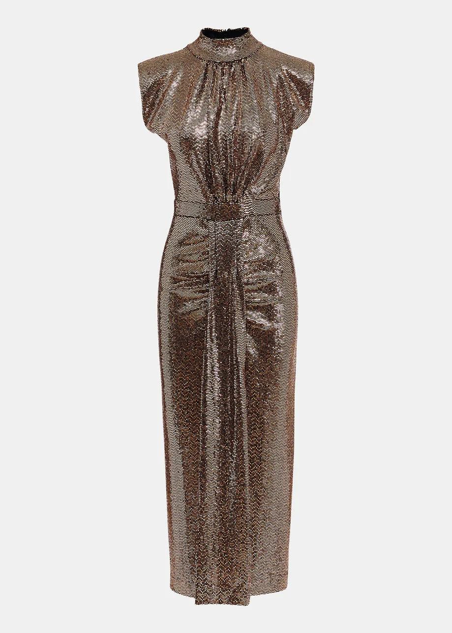 The Gonnak Dress - Gold by Essentiel Antwerp is a shimmering bronze sequined midi dress, featuring a sleeveless design and high neckline. It showcases a flattering figure-hugging silhouette with gathered waist detailing. Made from stretch-jersey fabric, this piece offers comfort while maintaining its stylish appeal.