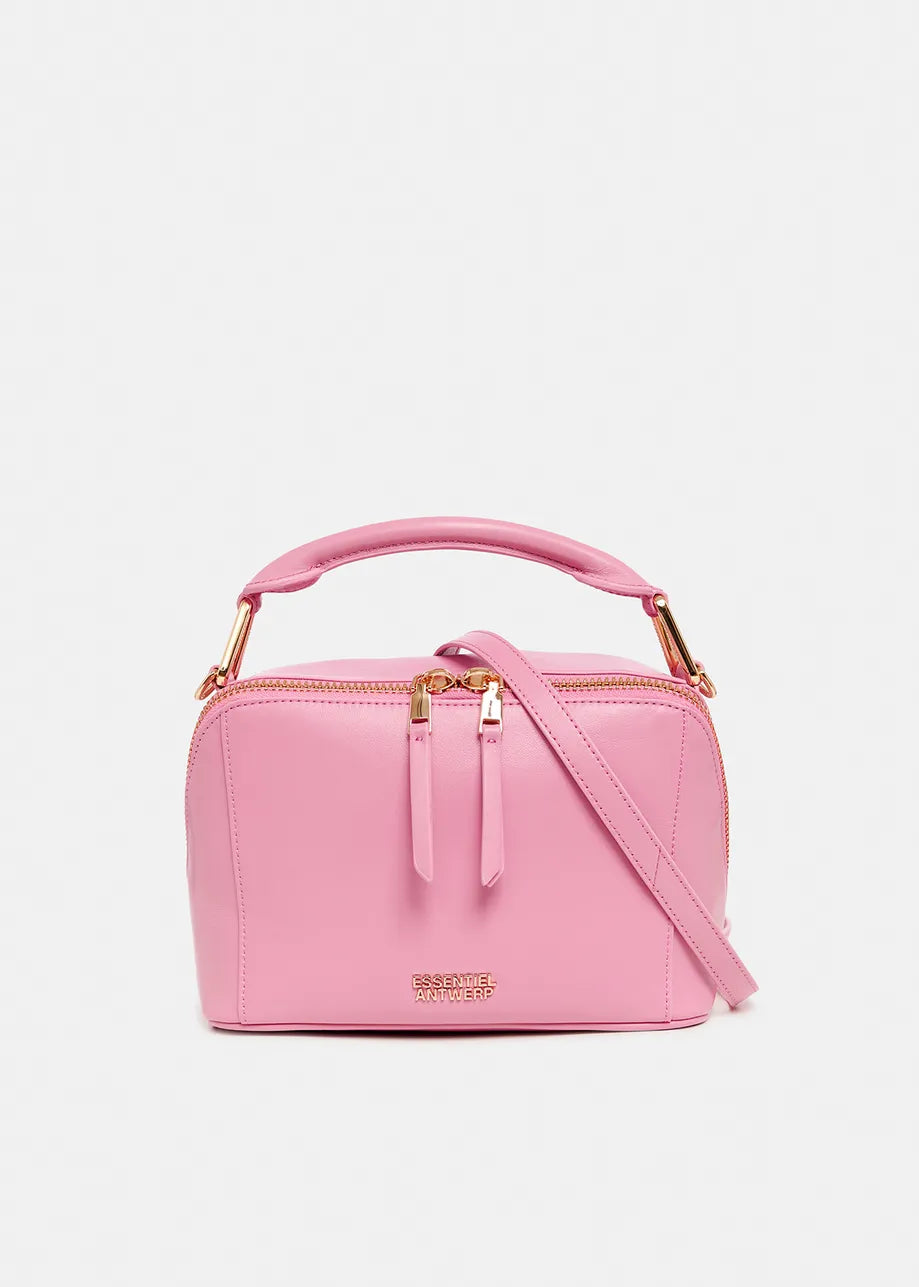 Introducing the Bobbi Bag by Essentiel Antwerp: a pink leather handbag featuring a top handle, adjustable strap, sleek gold-tone hardware, and a prominent front logo.