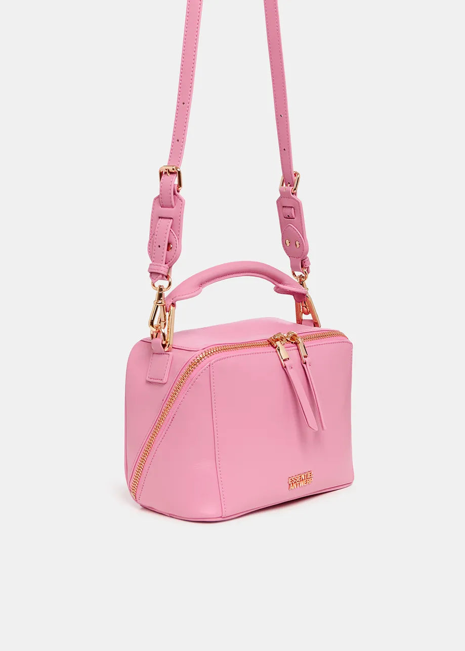 Introducing the Bobbi Bag - Pink by Essentiel Antwerp: a pink leather shoulder bag adorned with gold hardware, complete with a top handle and an adjustable strap.