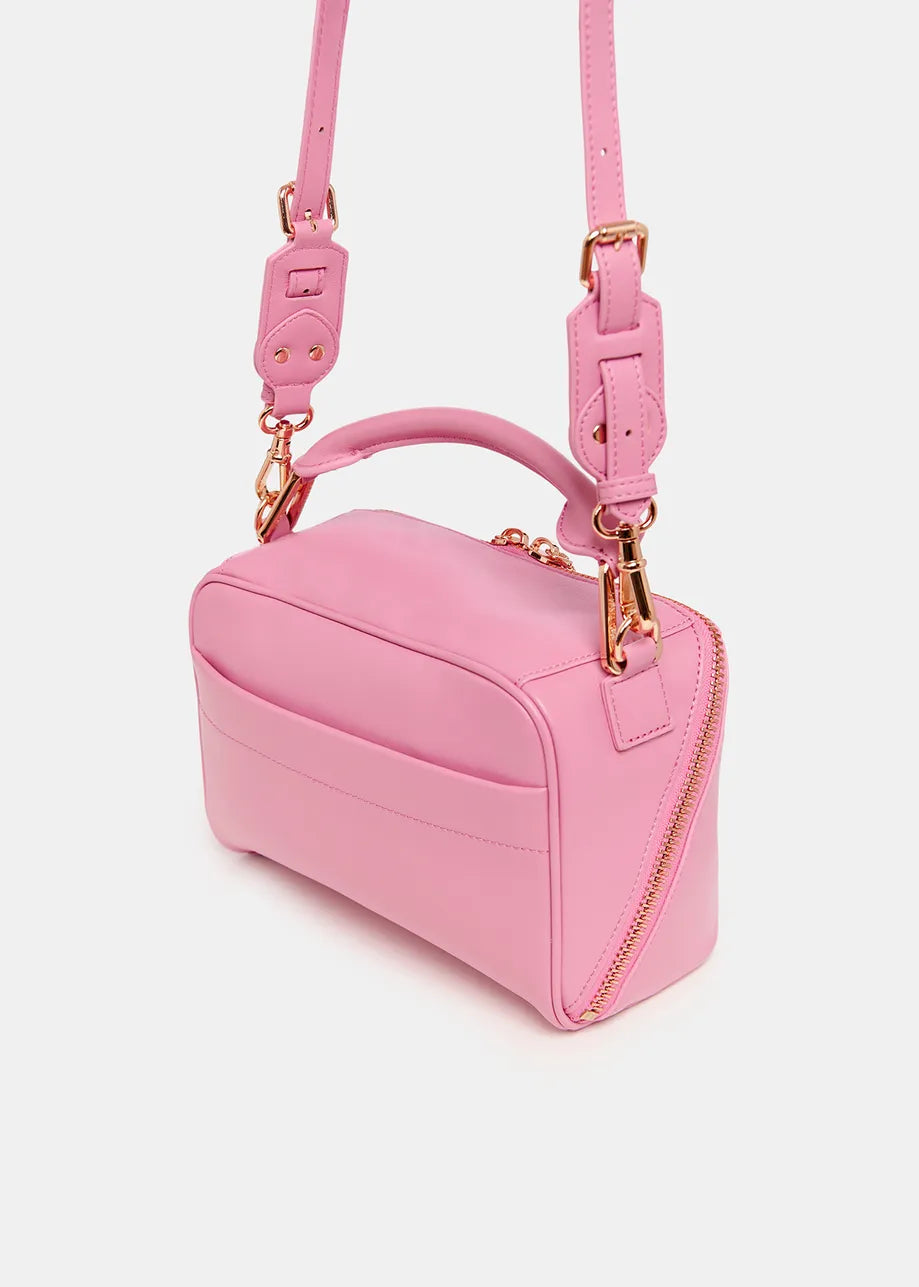 Introducing the Bobbi Bag - Pink by Essentiel Antwerp: a chic leather handbag featuring a top handle, adjustable shoulder strap, gold hardware, and an elegant diagonal zipper detail.