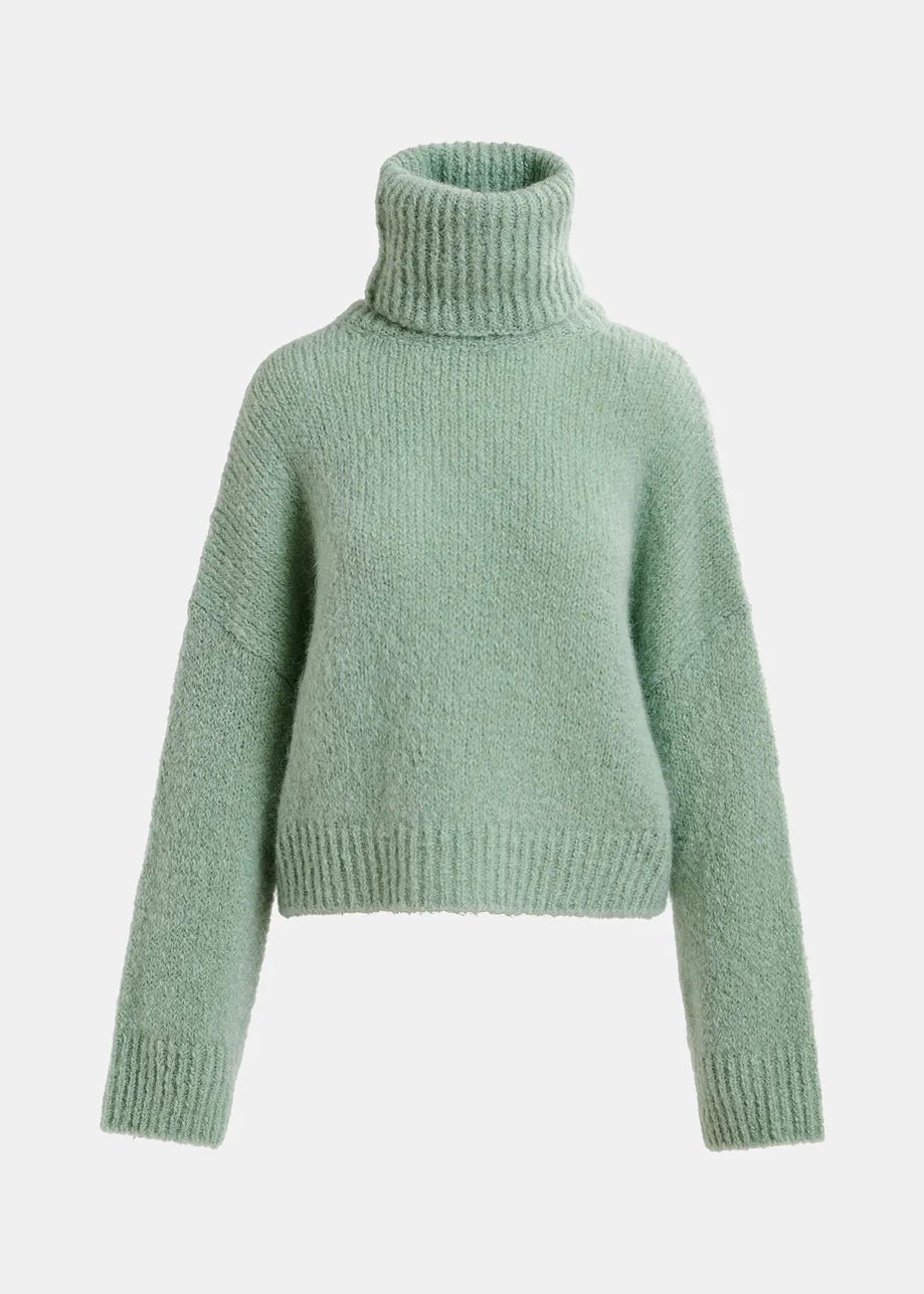 The Griffin Knit Turtleneck by Essentiel Antwerp is a light green, long-sleeve sweater with a ribbed texture on the neck, cuffs, and hem. Crafted in a luxurious mohair-blend for an oversized silhouette.