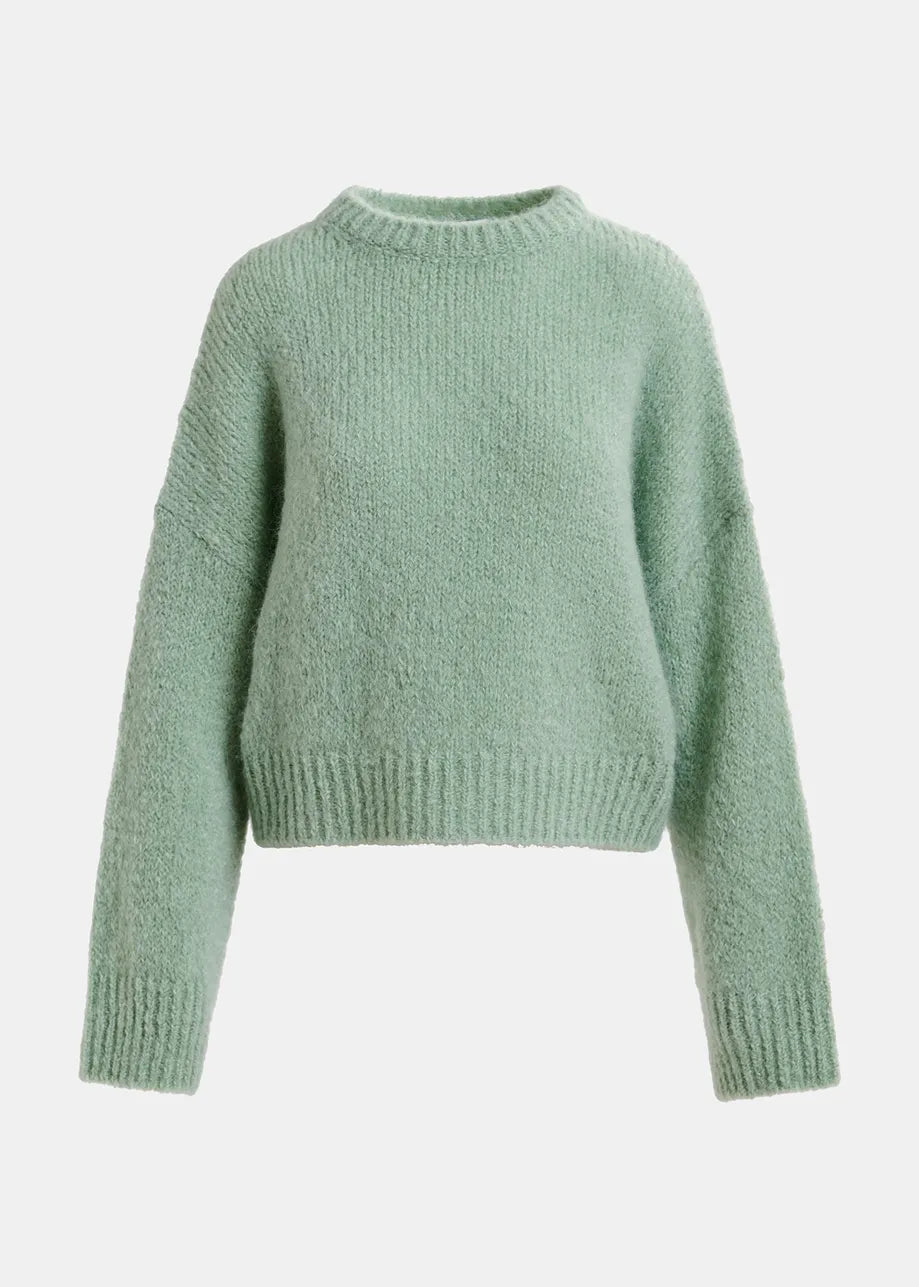 A light green, long-sleeved Griffin Knit Turtleneck from Essentiel Antwerp, featuring an oversized silhouette and displayed against a plain white background.