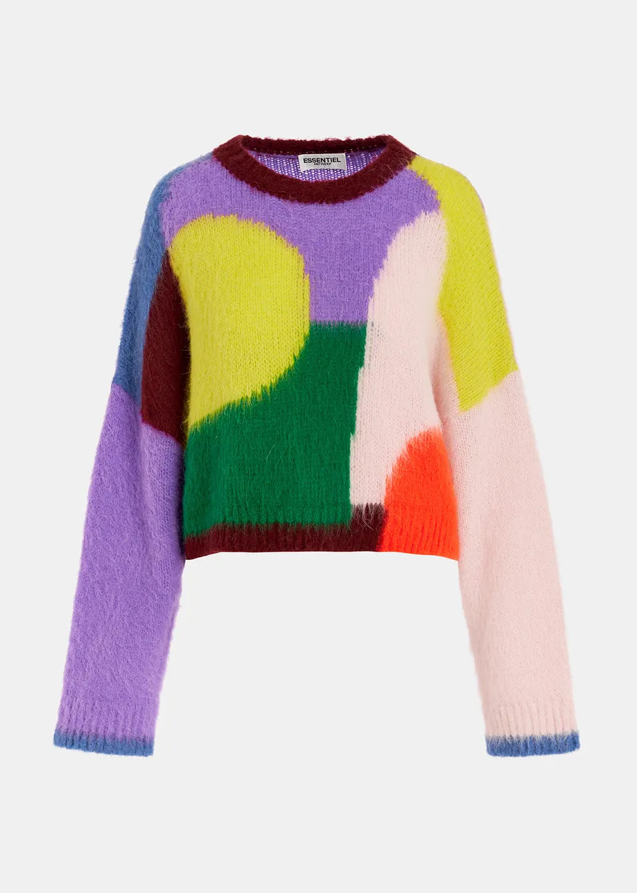 The Groupie Knit Sweater - Multicolour by Essentiel Antwerp features a vibrant oversized silhouette, showcasing an abstract intarsia-knitted design in purple, green, yellow, red, and white on a white background.