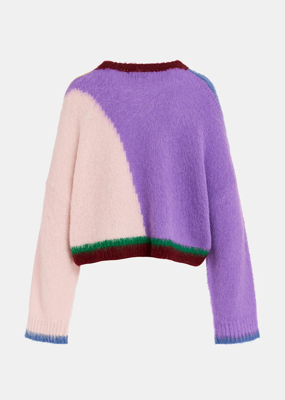 The Groupie Knit Sweater - Multicolour by Essentiel Antwerp features a color-block design with sections of purple, pink, blue, green, and burgundy. This oversized silhouette boasts long sleeves and a cropped fit, offering both comfort and style with its abstract intarsia-knitted design.