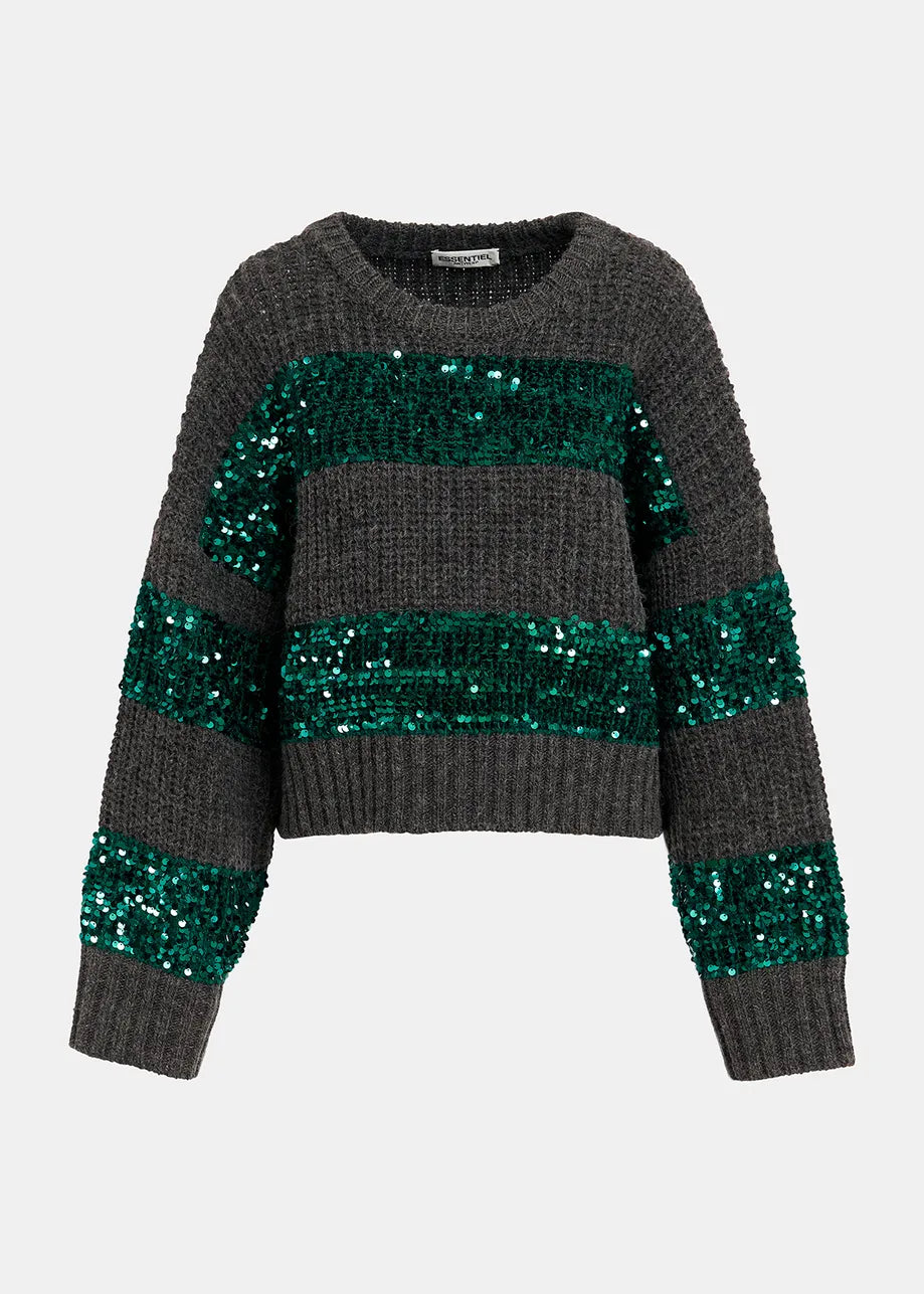 Introducing the Group Sequin Knit - Green & Grey by Essentiel Antwerp, a grey chunky knit sweater with an oversized silhouette adorned with emerald green sequined stripes across the chest, arms, and cuffs.