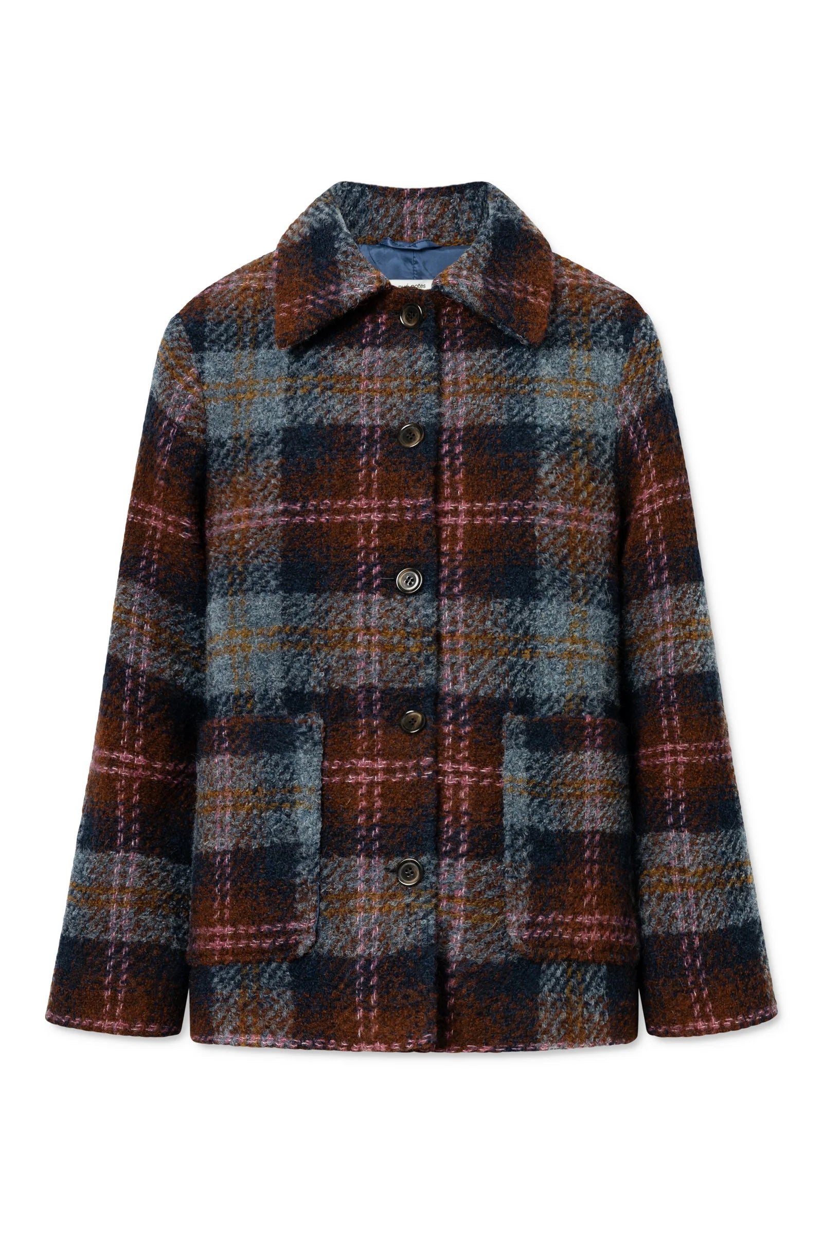 The Glasgow Jacket - Fall Multi Check by Nué Notes is a wool blend with a check print, button-up front, oversized fit, and classic collar in blue, brown, and maroon tones.