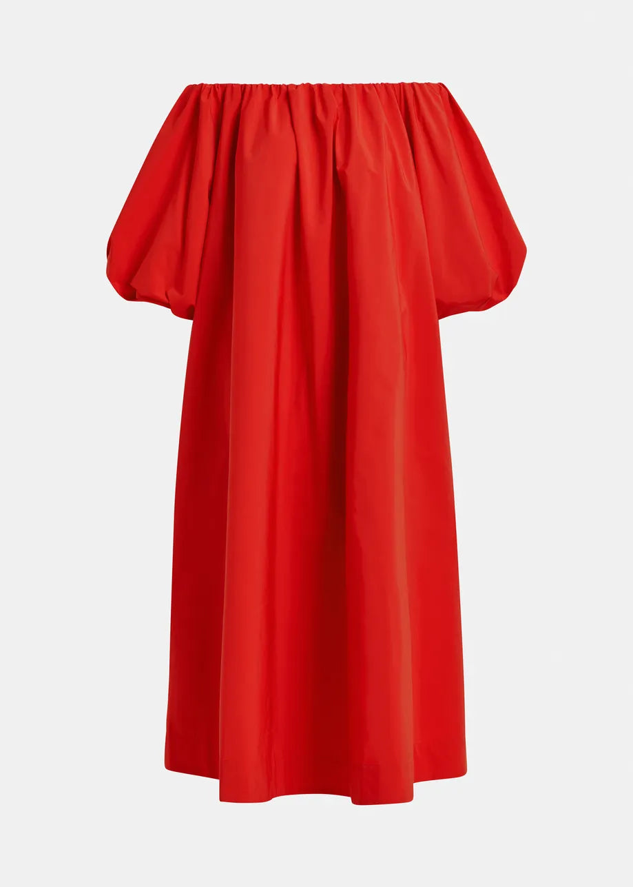 The Hamille Off-Shoulder Dress by Essentiel Antwerp is a red midi dress with puffed sleeves, made from recycled polyester, displayed against a plain white background.