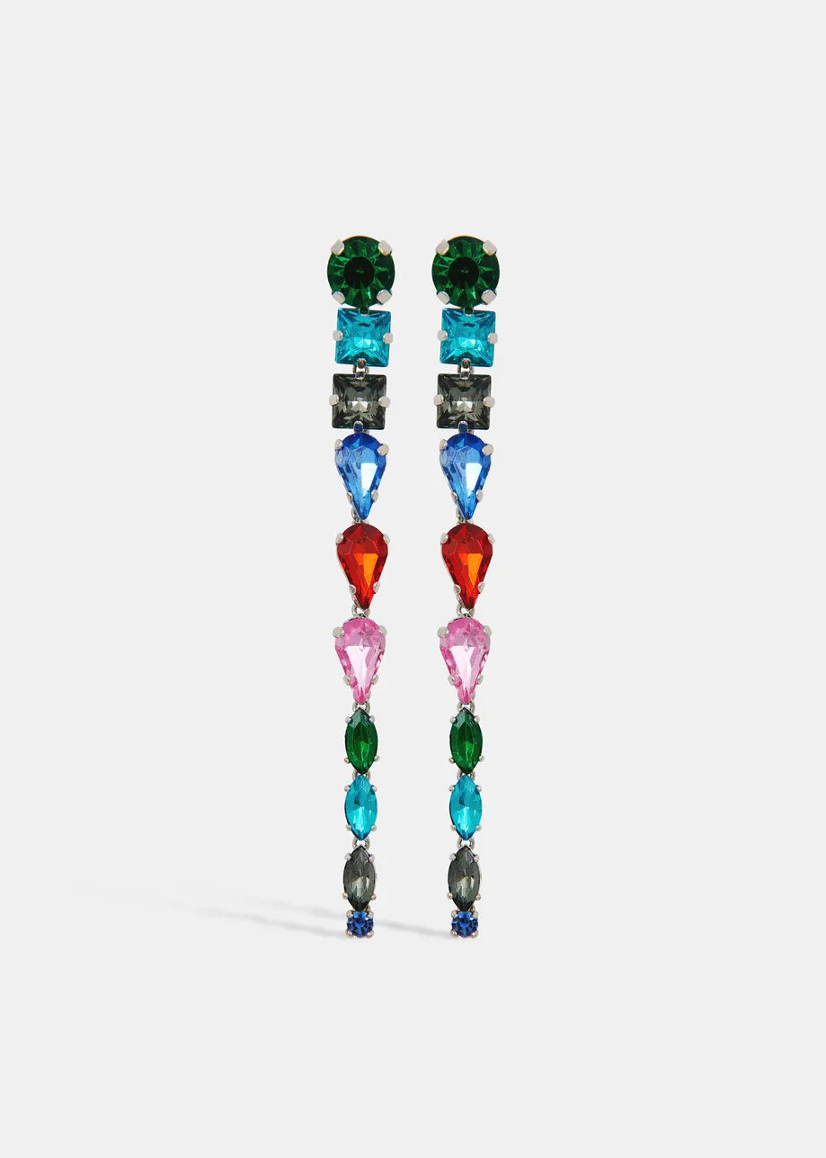 The Essentiel Antwerp Silver Rhinestone Earrings - Multicolour feature glamorous green, blue, red, and pink gemstones in shimmering stone shapes on a white background.