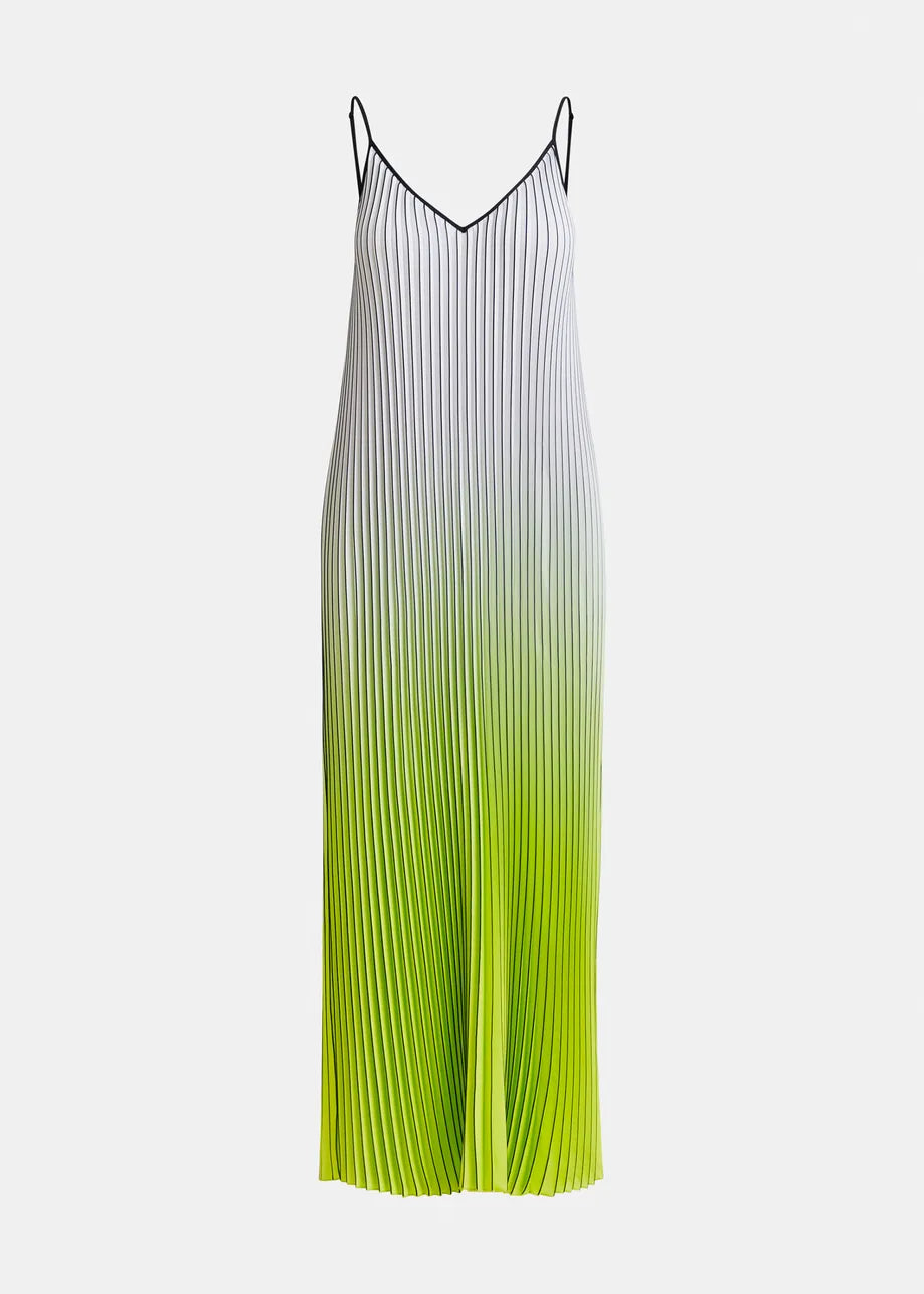 The Haurus Gradient Slip Dress - Green by Essentiel Antwerp is a sleeveless maxi dress with thin straps made from recycled polyester, featuring a gradient effect from white at the top to bright green at the bottom.