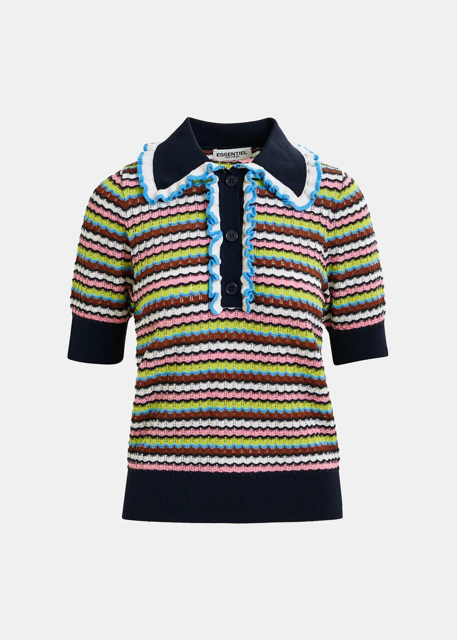 The Haximum Ruffled Polo - Multi by Essentiel Antwerp features a vibrant striped pattern, blue buttons, a navy collar with blue trim, and playful ruffle detailing along the placket.