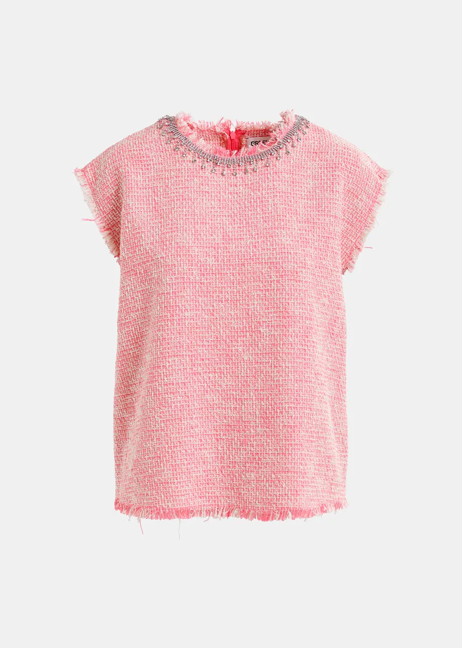 The Honduras Sleeveless Top in pink by Essentiel Antwerp features textured cotton-blend tweed with frayed edges and sequin embroidery on an embellished neckline.