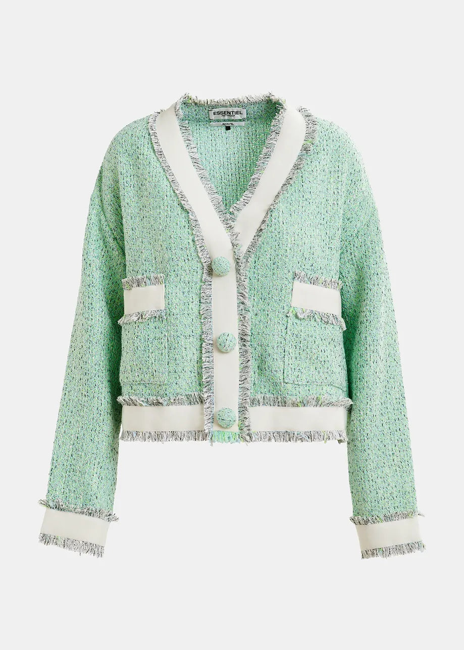 The Essentiel Antwerp Hoola Cropped Tweed Cardigan in mint green features textured fabric with white trim, large buttons, and two front pockets, making it an ideal transitional wardrobe piece.