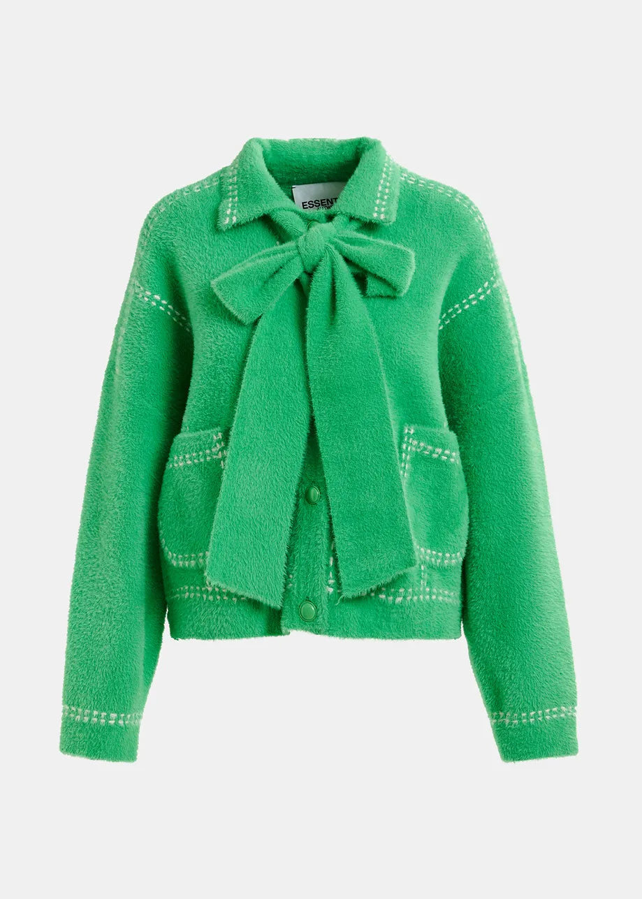 The Essentiel Antwerp Hoops Contrast-Knit Cardigan in green is a beautiful wool fleece jacket with a large bow collar, two front pockets, and white contrast stitching.