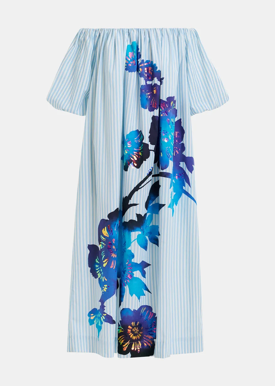 The Horpio Off-Shoulder Dress by Essentiel Antwerp features light blue stripes, a shimmering floral foil print, short sleeves, and a loose fit. Made from 100% cotton.