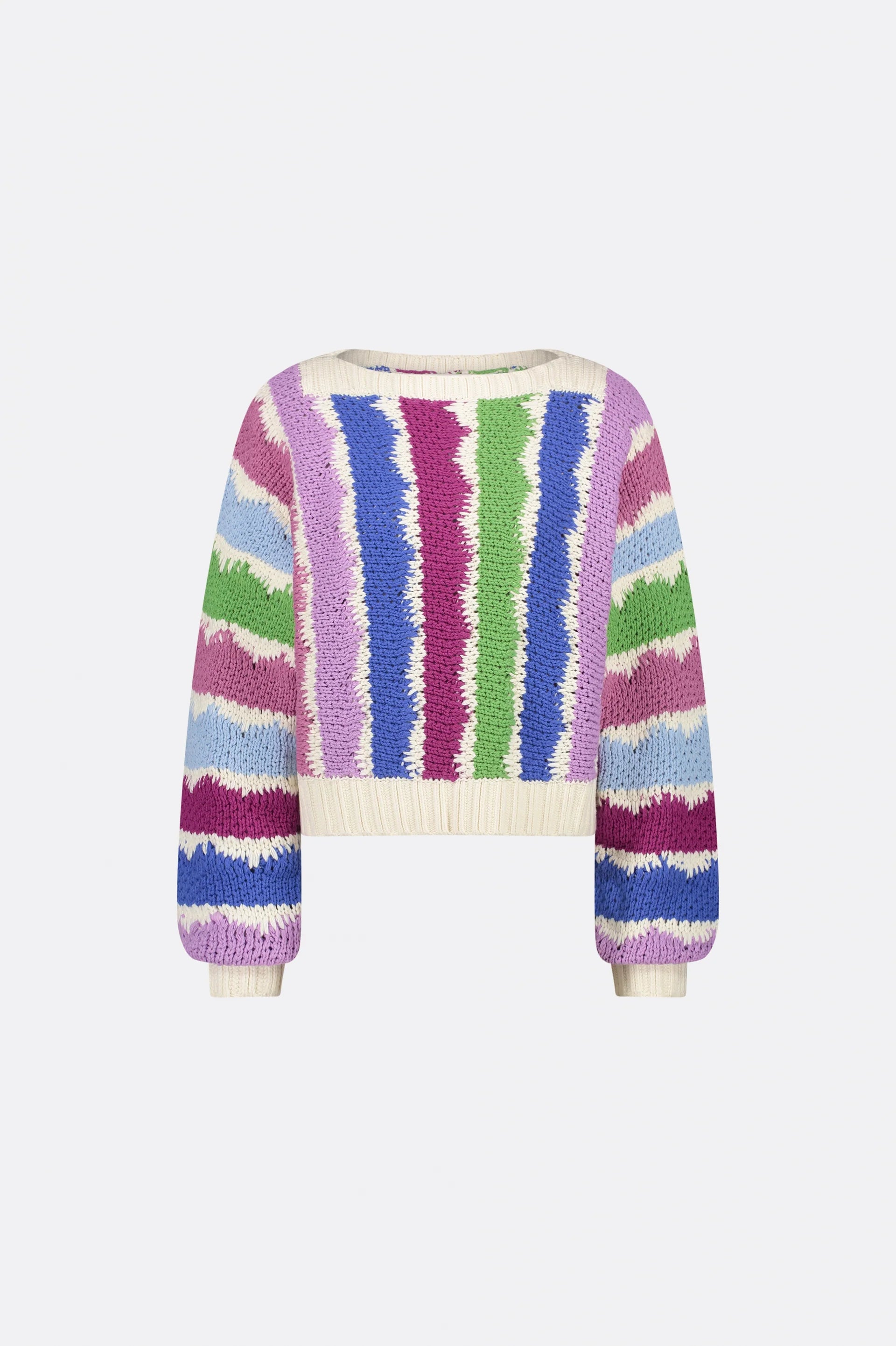 Introducing the Heath Pullover - Multicolour from Fabienne Chapot: a relaxed fit, long-sleeved knitted sweater featuring vertical zigzag stripes in vibrant hues of purple, green, pink, blue, and white. Perfect for adding a splash of color to your wardrobe.