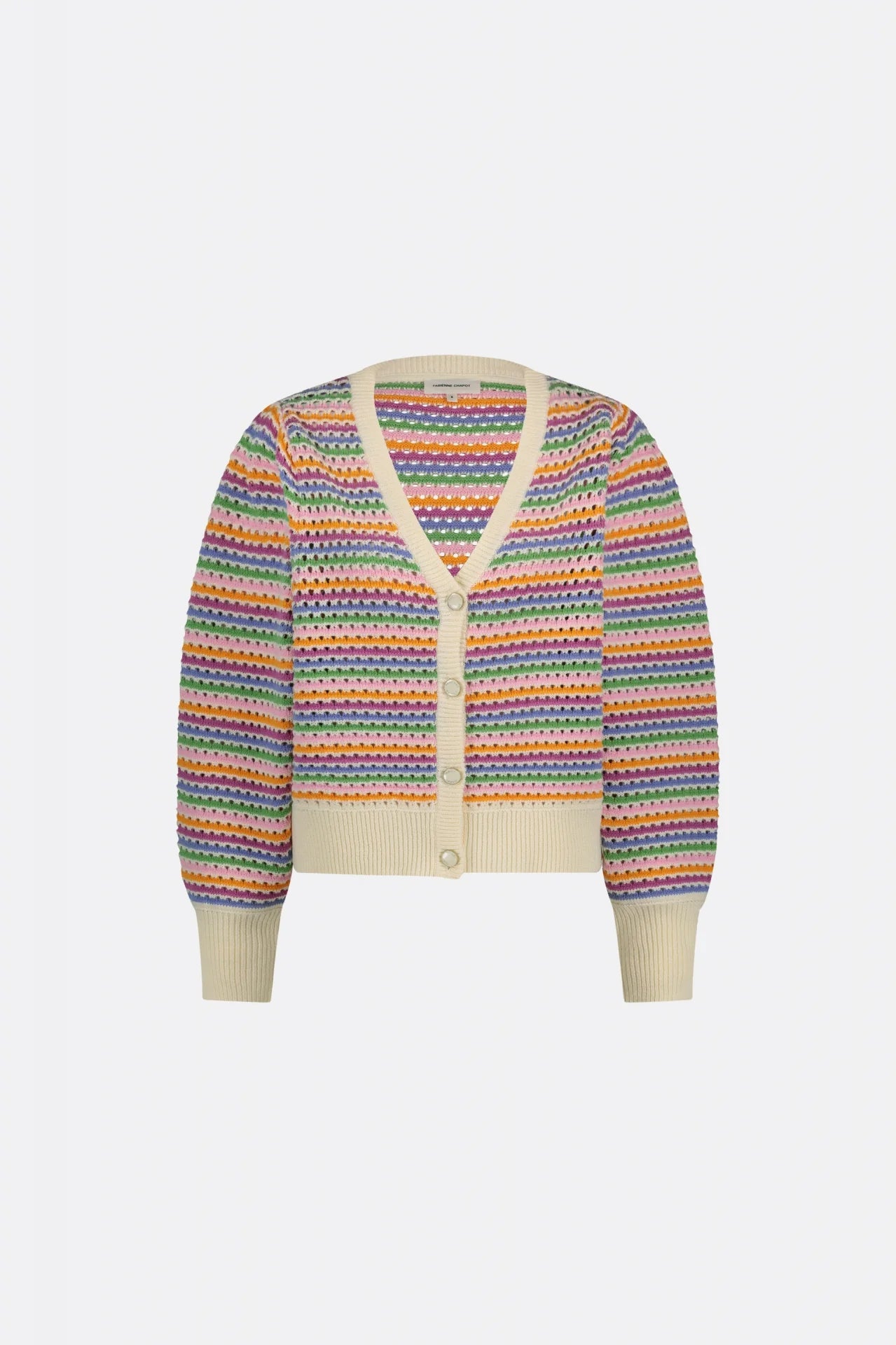 Heather Cardigan - Multicolour by Fabienne Chapot, with front buttons and ribbed cuffs and hem, displayed on a white background.