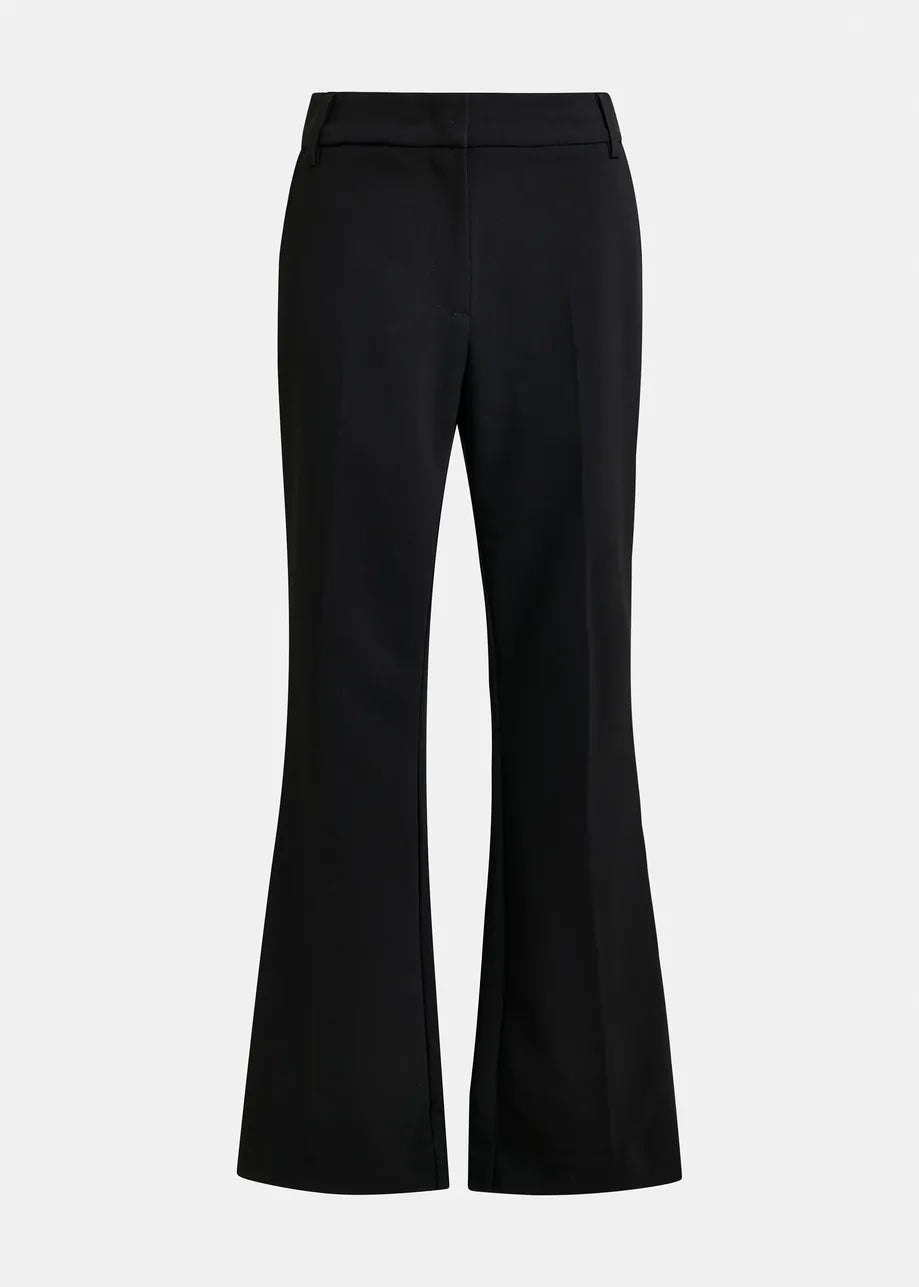 The Ibell Flared Rhinestone Trousers in black by Essentiel Antwerp feature a flared silhouette, front seams, belt loops, and are crafted from recycled polyester, shown against a plain white background.