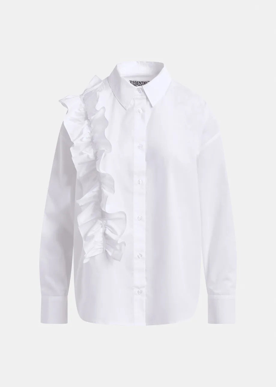 The Ibody Ruffle Shirt by Essentiel Antwerp is a white long-sleeve button-up with a collar and a single cascading ruffle along one side of the chest, giving stylish flair to its structured silhouette.