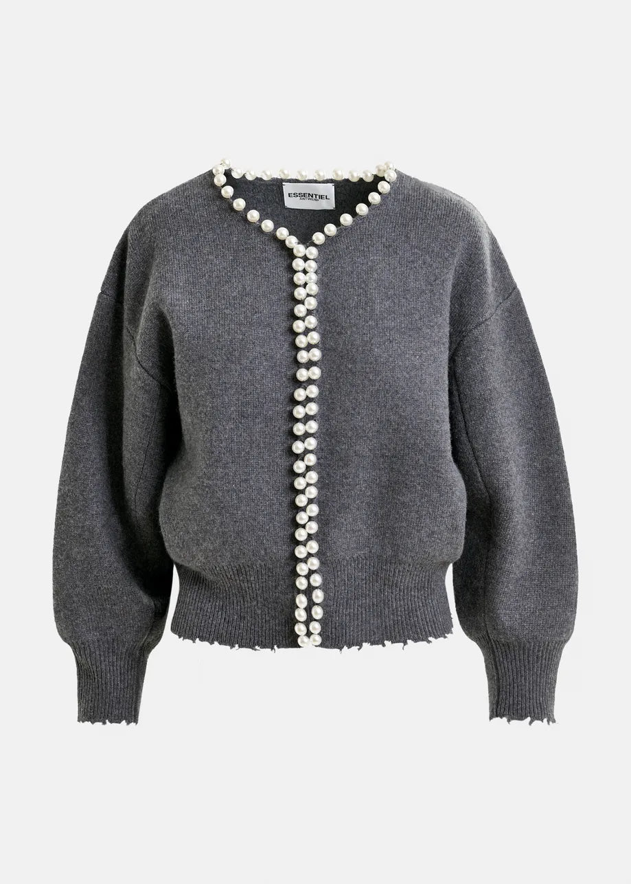 The Essentiel Antwerp Ideas Pearl-Embellished Cardigan in grey features a relaxed fit, frayed edges, and a front closure with two rows of pearl detailing at the neckline.