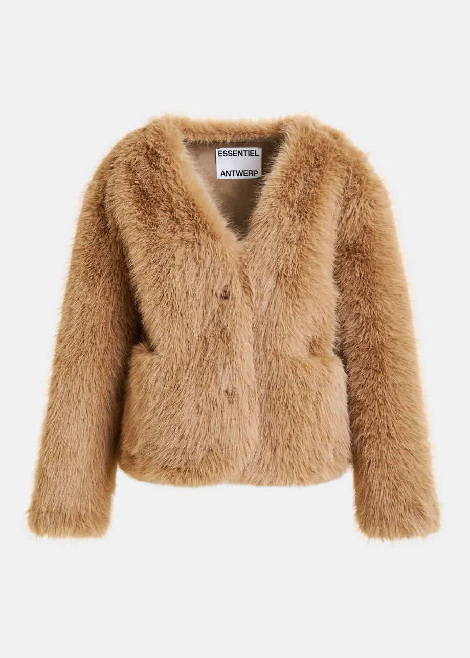 The Ijacket Faux Fur Jacket - Brown by Essentiel Antwerp features a relaxed fit, V-neckline, long sleeves, and two front buttons.