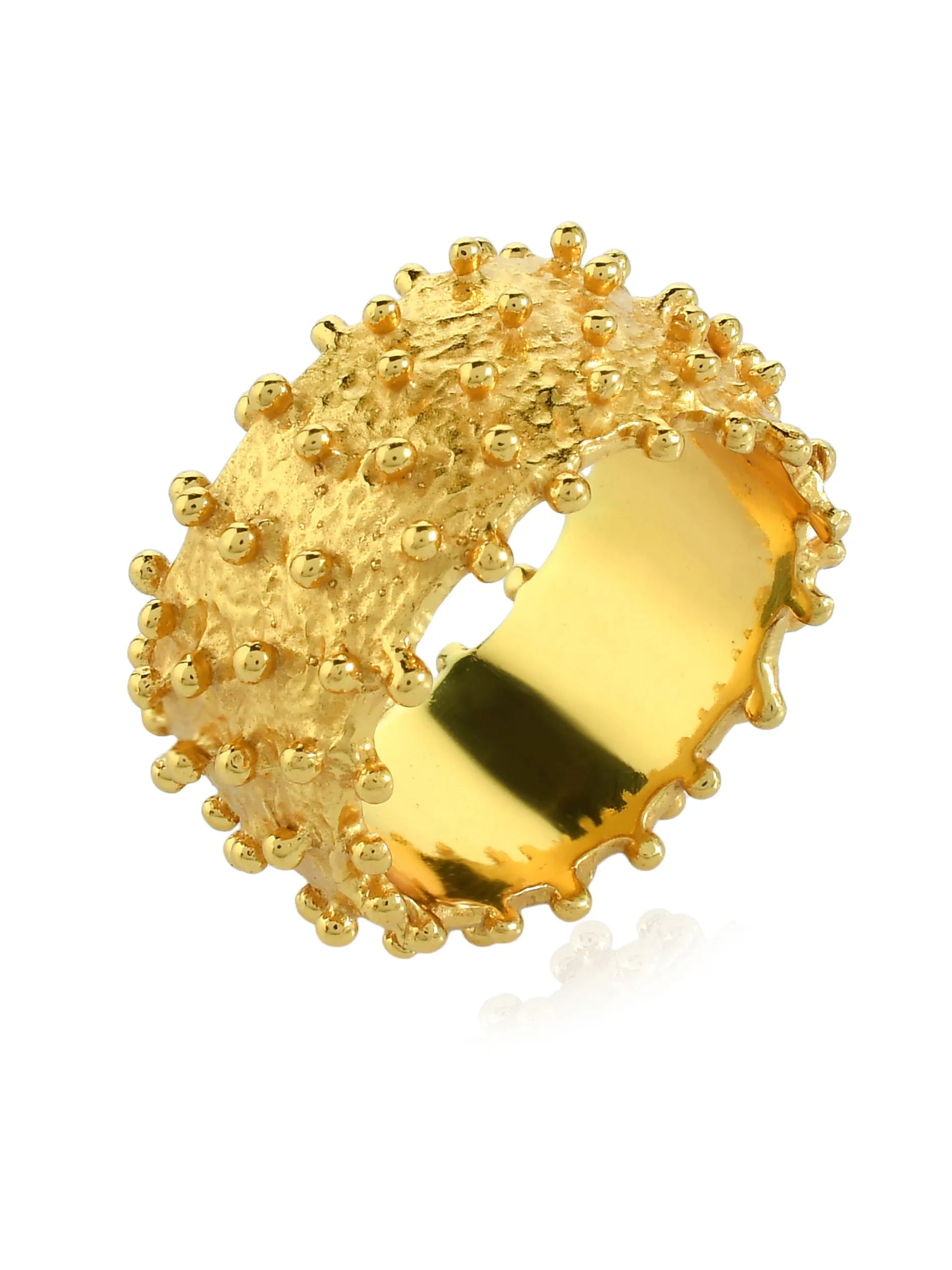 A stunning Shyla gold plated ring adorned with numerous handmade gold balls, perfect for dressing up.