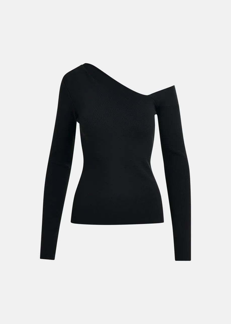 The Essentiel Antwerp Imeric Asymmetrical Jumper in black features long sleeves, a ribbed texture, and a flattering fit, shown against a plain white background.