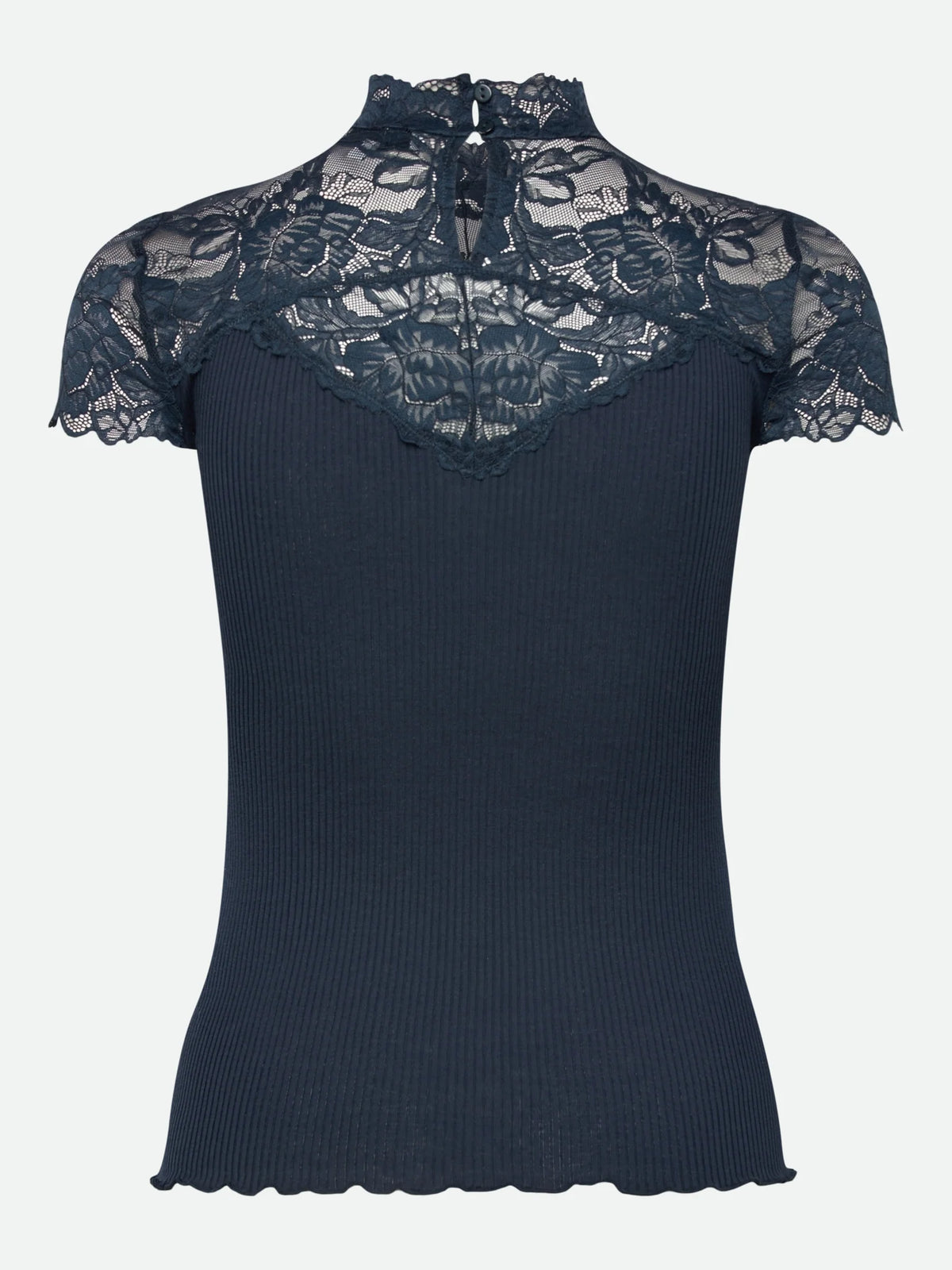 Rosemunde Beatha Silk Capsleeve Lace T-Shirt in navy blue, featuring elegant short sleeves, a ribbed body, and a sheer lace overlay on the shoulders and upper chest, finished with a high neck and button closure at the back.